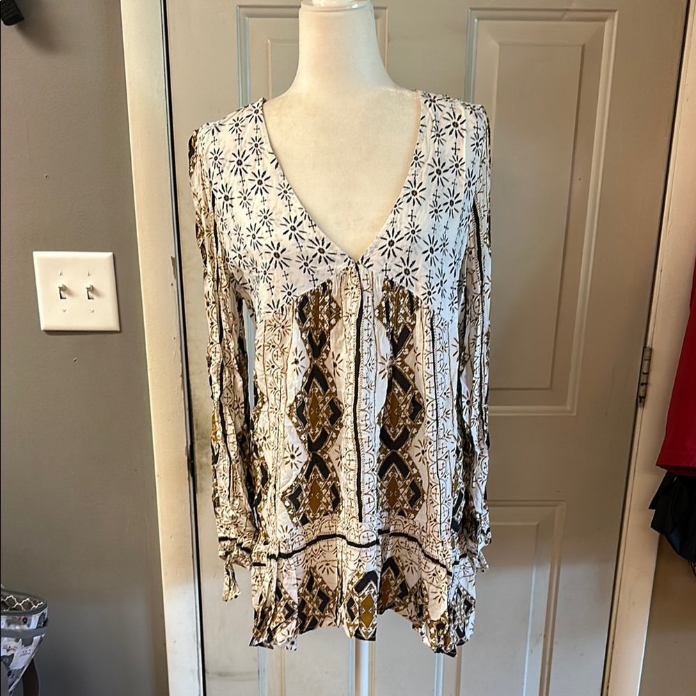 Free People V-Neck Boho Blouse in Black, White, and Brown